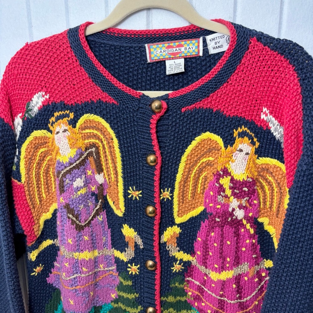 Cardigan Bay Vintage Angel Pattern Knitted by Hand Cardigan Christmas  Sweater L - Picture 5 of 12